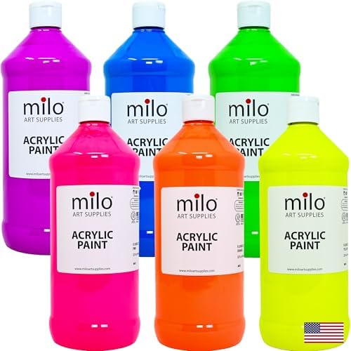 milo Fluorescent Acrylic Paint Set, 6 Neon UV Colors, 32 oz Bottles