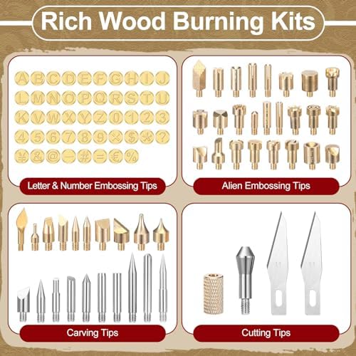 Lothee 136 Pcs Wood Burning Kit for Adults Beginners, Adjustable Temperature Pyrography Pen Set with Alphabet Number Tips, Stencils & Wood Chips, DIY Wooden Burner Tool for Embossing Carving