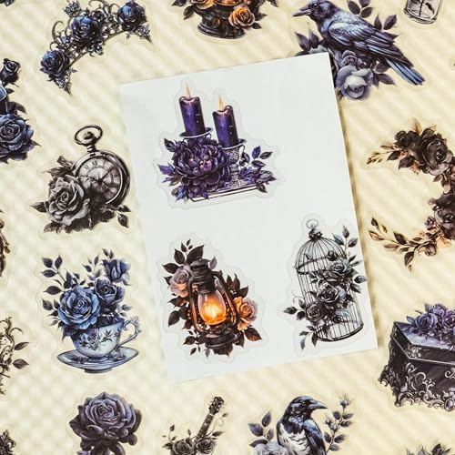 56 Pcs Gothic Rose Stickers Pack – Dark Victorian Aesthetic Scrapbooking Decals, Waterproof Clear Gothic Flowers & Vintage Objects for Journals, Planners, Art Crafts, Laptop Decoration