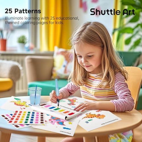 Shuttle Art Paint with Water Coloring Book for Kids, 25 Dinosaur Themed Pages with 2 Brushes, Mess-Free Watercolor Paint Set, Travel-Friendly Art Craft Gift for Toddlers, Birthday Christmas Gift