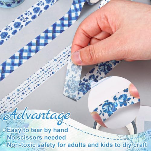 Whaline 12 Rolls Blue Floral Washi Tape Chinoiserie Masking Tape Set Toile Flower Leaves Plaid Striped Dots Decorative Wrapping Paper Tapes Boxed for Scrapbook Journal DIY Crafts