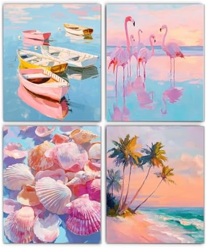 XUNLURY Pastel Ocean Beach Diamond Art Kits 4 Pcs, Pink Flamingo Seashell Tropical Palm Tree Beach Diamond Painting Kits for Adults Beginners, Full Drill Diamonds Dots for Home Decor, 9.8x11.8 Inch