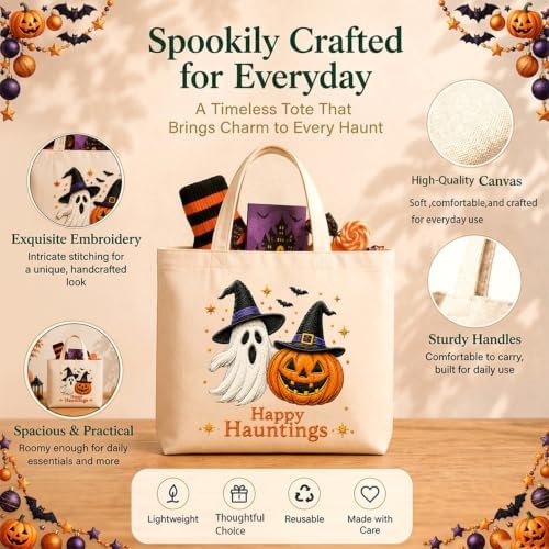 ARTopet Embroidery Tote Bag Kit for Beginners Halloween Canvas Cross Stitch Handbag with Hoops Needles Threads Reusable Grocery Bag for Women-Pumpkin Ghost