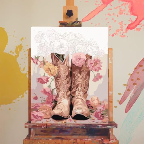 Paint by Numbers for Adults Cowboy Boots - Flower Paint by Number on Canvas