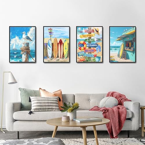 4 Pack Paint by Numbers Kit for Adults with Frame, Beach DIY Painting Kit