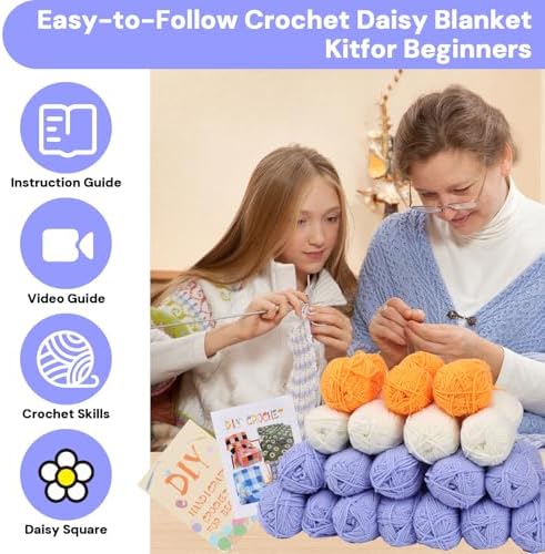 HUYEIOBGD Crochet Daisy Blanket Weaving Set Suitable for Beginners, Basic Crochet Learning kit with Tools and Video tutorials