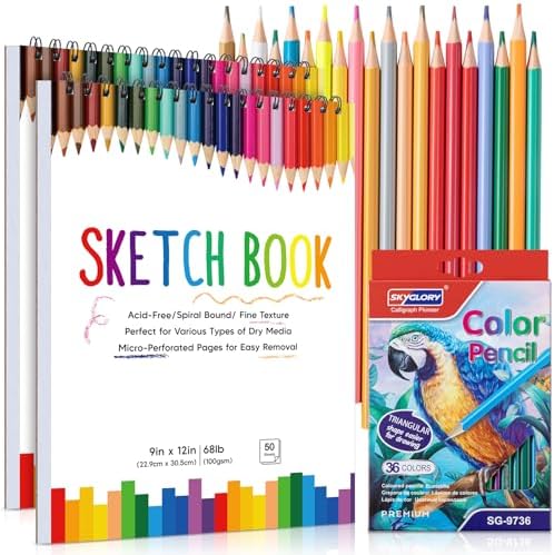 2 Pack Sketch Books for Kids 9 × 12In, 100gsm Drawing Pad with 36 Pencils