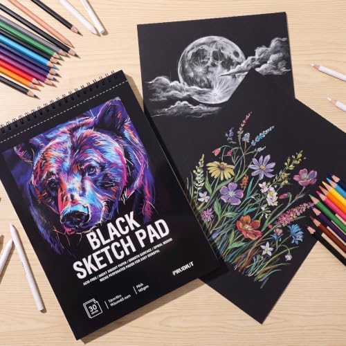 Black Sketch Pad 7.6 × 10 in, 50 Sheets, Spiral Bound Sketchbook | Black Paper for Gel Pens, Metallic Markers, Pencils & Pastel; Mixed Media Sheets; Lay-Flat Top Spiral
