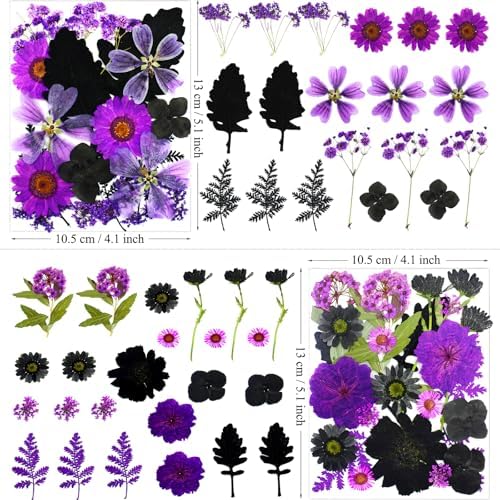 MIKIYA 92Pcs Purple Black Pressed Dried Flowers for Resin, Real Natural Bulk Assorted Dry Leaves Floral for DIY Art Crafts, Epoxy Molds, Jewelry, Soap, Candle Making, Nails Decors