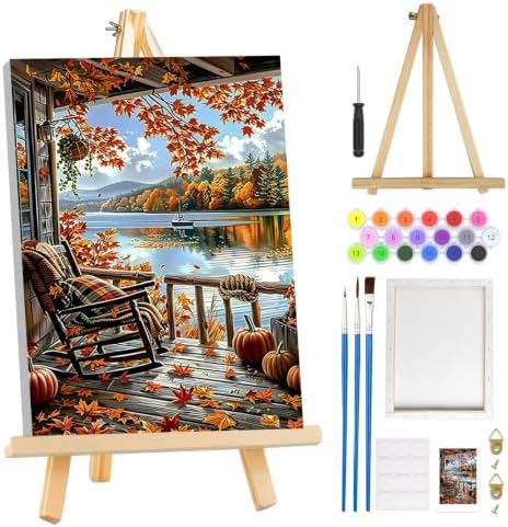 MOGTAA Fall Paint by Numbers Kit for Adults Beginners with Frame, Autumn Adult Paint by Number Kits on Canvas with Easel, Easy DIY Landscape Oil Painting Kits for Home Decor, 8x12in