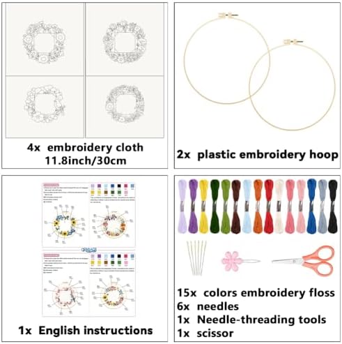 ORIGACH 4 Pack Floral Frame Embroidery Kits for Beginners DIY Starter Hand Embroidery Kit with Floral Wreath Patterns and Instructions for Adults Women Crafting