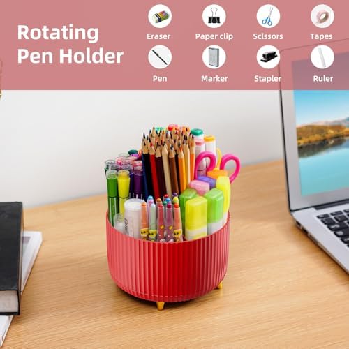Marbrasse Desk Organizer, 360-Degree Rotating Pen Holder for Desk, Desk Organizers and Accessories with 5 Compartments Pencil Organizer, Art Supply Storage Box Caddy for Office, Home (Red)