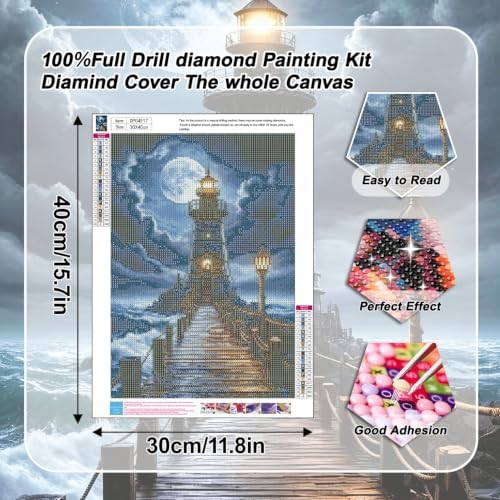 VeGuude Diamond Art Lighthouse Kits for Adults,Dark Night 5D DIY Full Square Drill Diamond Painting Kit,Seaside Storm Scenery Diamond Art Gem Painting for Gift Home Wall Decor (12x16 inch)