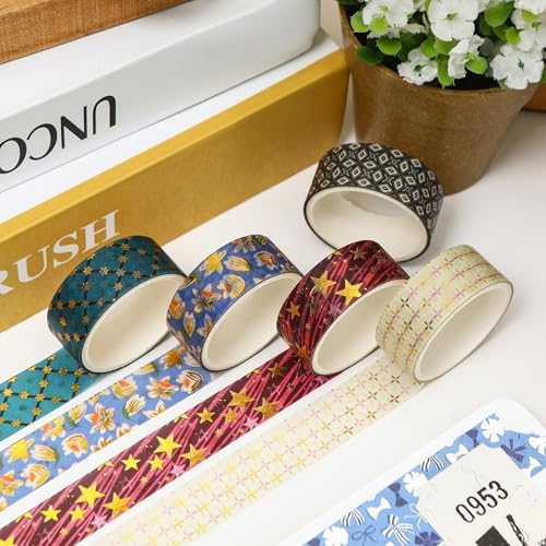 12 Rolls Charming Washi Tape Set Gold Silver Foil Detailing Arts Adhesive Tapes Basic Patterns Decorative Masking Tape Sets for Craft, Kids, Scrapbook, DIY, Gift Wrapping (Golden Galaxy)