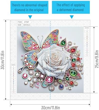 5D Special Shape Diamond Art Kits for Beginners, Diamond Painting Kits for Adults, Crystal Rhinestones Diamond Painting for Home Wall Decoration Gift 12×12 inch/30×30 cm, Butterfly and White Rose