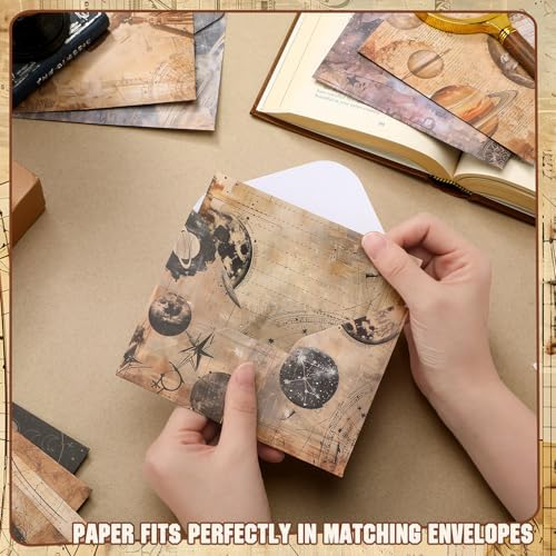 TaoBary 160 Pcs Space Spoon Stationery Paper and Envelopes Set 50 Double Sided Lined Stationery Paper with 50 Matching Envelopes and 60 Round Dot Sticker 5.5 x 8.25'' Letter Writing Kit, 10design