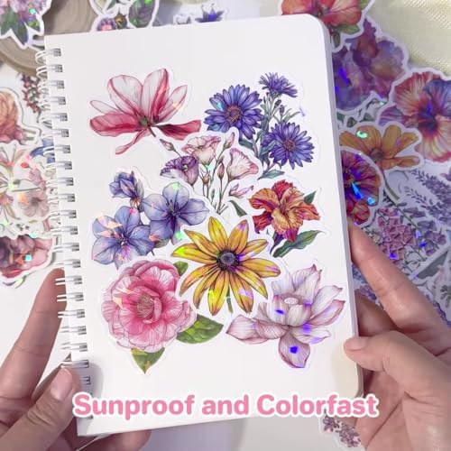 100 PCS Glitter Natural Flower Stickers for Scrapbooking, Verseyi Aesthetic Trendy Floral Stickers for Journaling Notebook DIY Cards Decoration, Vinyl Waterproof Garden Deco Sticker