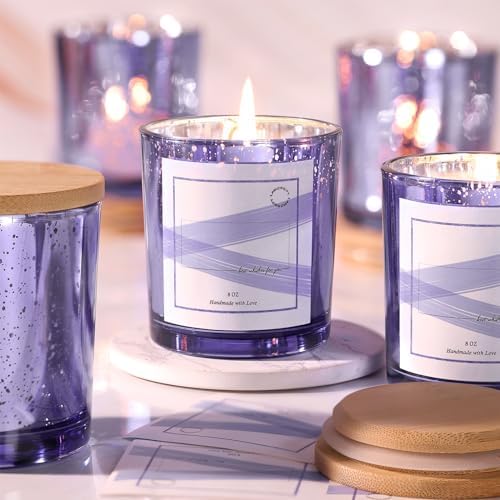 LAMORGIFT 15 Pack Glass Candle Making Jars with Lids (8oz, Purple) - Candle Containers for Making Candles - Mercury Glass Candle Jars Include 20 Pcs Candle Labels