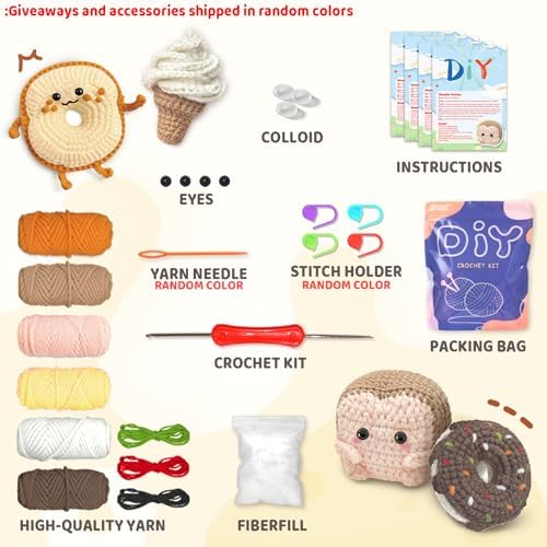 YAMAXIN Crochet Kit for Beginners, Beginner Crochet Kits with Step-by-Step Video Tutorials, Crochet Starter Kit for Adults with Yarn Sets (4pc Butter Toast, Bread, Doughnuts, ice Cream)