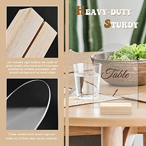 Bercoor 10 Pack 4x6 Inch Blank Clear Arch Acrylic Sign with Wooden Stands, Arched Round Top Acrylic Sheet, DIY Acrylic Arch Table Numbers for DIY Name Card Gifts Event Party Sign Decoration
