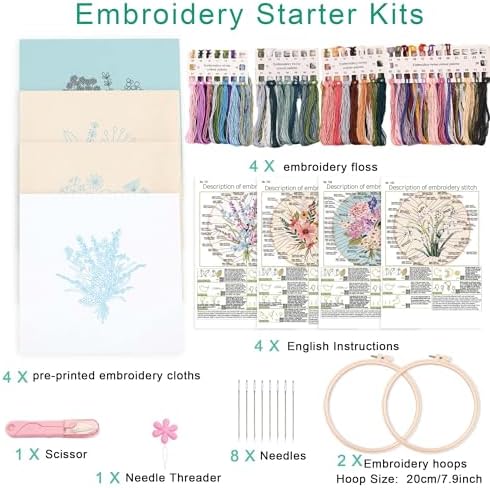Harimau Adult Beginner Embroidery Starter Kit, Complete Set with 4 Patterns, 2 Hoops, Needles, Scissors, Instruction Guide & Stitching Video Tutorials