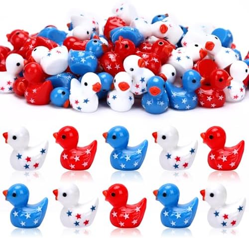 JUNEBRUSHS 50 Pcs Patriotic Ducks Mini Resin Duck 4th of July Tiny Ducks Red White Blue Miniature Ornaments for Vase Filler Jewelry Making DIY Crafts Party Gifts Decorations
