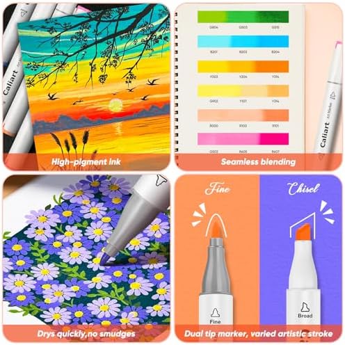 Caliart Alcohol Markers 168 Colors Dual Tip Art Markers for Adult Coloring | Fine & Chisel Permanent Alcohol Based Markers Set with Case for Artists Beginners Drawing Illustration Sketching Painting
