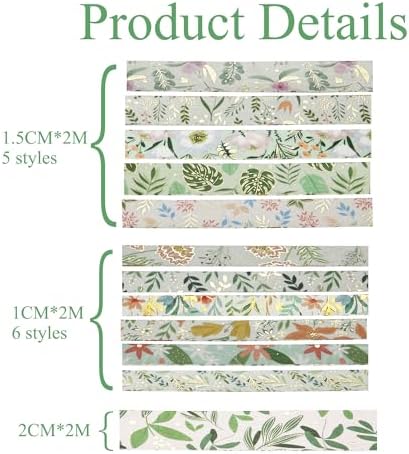 Washi Tape Set, Floral Washi Stickers, 12 Rolls Assorted Sizes, for Junk Journal Scrapbook Tape, Bullet Journaling Scrapbooking Supplies, Planner Sticker DIY Craft DéCor (Green)