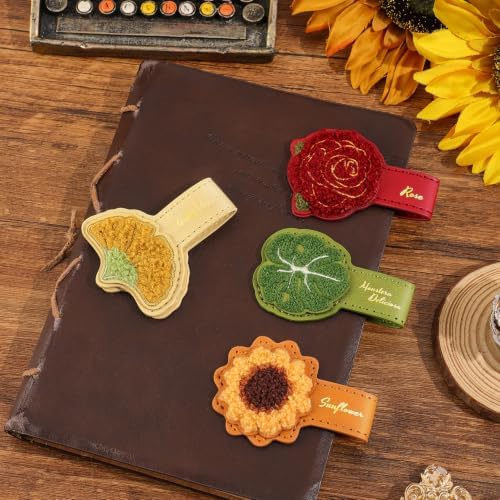 4PCS Leather Flower Magnetic Bookmarks Set，Vintage Bloom Book Markers for Reading Women & Men，Reading Accessories for Book Lovers，Readers，Adults & Kids，Unique Gifts for Festivals & Remembrance Days