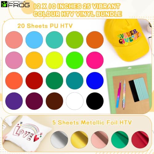 VINYL FROG 30PCS Heat Transfer Vinyl Bundle with Tools – 20 Sheets PU Iron on Vinyl + 5 Metallic HTV, 12"x12" HTV Starter Kit Scraper, Weeding Pen, Tweezers, Cutting Mat, Teflon for DIY T-Shirts