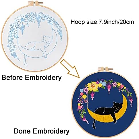 Louise Maelys Cat Moon Embroidery Kit for Beginners Floral Design