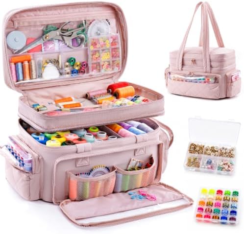 AMOIGEE Puffy Double-Layer Sewing Storage Bag with 2 Clear Organizer Boxes