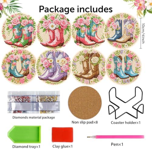 8 Pack Diamond Art Coasters, Boots Diamond Painting Coasters