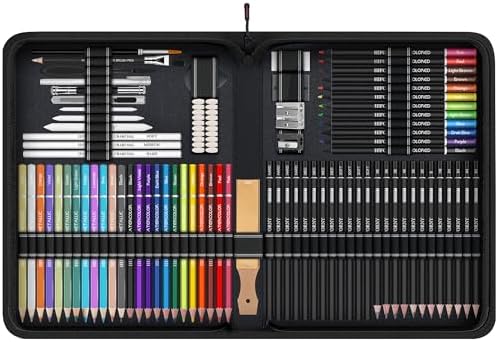 HIFORNY 100 PCS Drawing & Sketching Set, Professional Art Supplies with Graphite,Charcoal, Colored,Watercolor,Metallic Pencils,Blending Tools,Sketchbook and Coloring Book in Zipper Case (Black)
