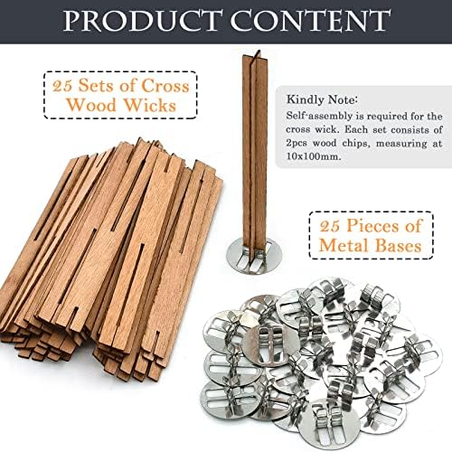 25 Set Wood Candle Wicks Cross Shape 4x0.4inch / 100x10mm, Cross Wooden Wicks w/Iron Stands for Soy Candle Making, Natural Wood Wick Core Handmade Candles Supplies