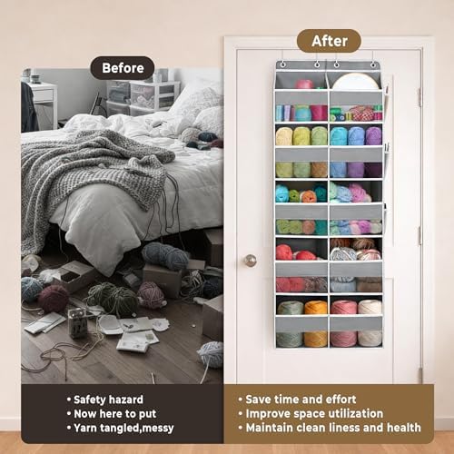 Over The Door Organizer, Hanging Yarn Storage Organizer with 10 Extra Large Clear Pockets and 10 Side Crochet Bags, Hanging Shelves for Yarn, Crochet Hooks, Knitting Needles Supplies Storage,Black