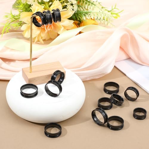 Ring Blanks, 14 Pcs Stainless Steel Finger Rings Grooved Core Inlay Blank Rings US Size 6/7/8/9/10/11/12 Empty Ring Blanks for Jewelry Making Kit Supplies (Black)