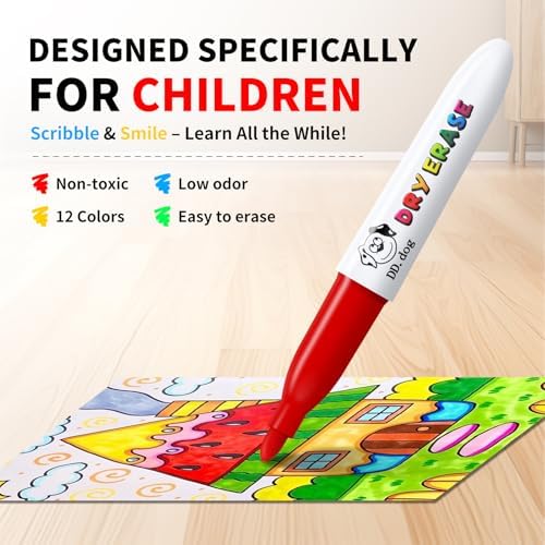 Mini Dry Erase Markers for Kids, 12 Colored Fine Tip White board Markers