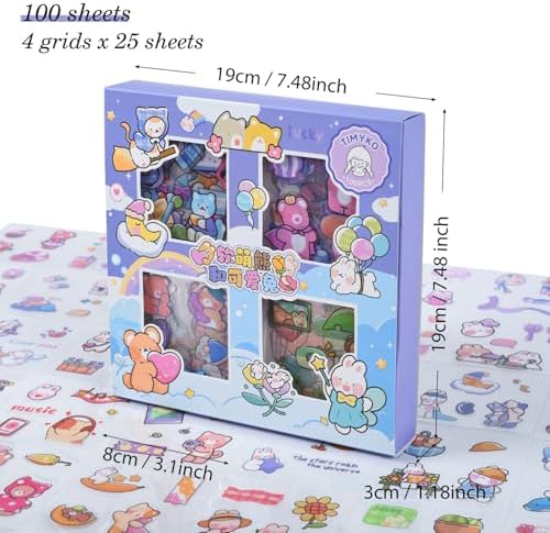 Kawaii Cute Journaling Scrapbook Stickers - 100 Sheets Cartoon Transparent Sticker for Junk Journal Stationary Planner Album Calendars Supplies Notebook DIY Craft Decor