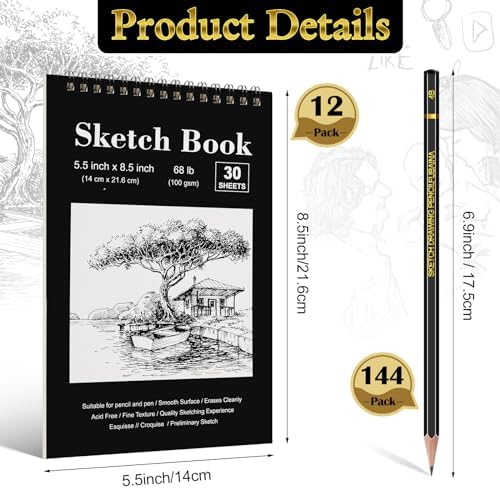 Humyoun 36 Pcs Top Spiral Bound Sketch Pad with Drawing Pencils Set, 5.5 x 8.5 Inch Sketchbook, 68lb(100gsm) Thick Paper, Charcoal & Graphite Pencils (12B-4H) for Shading, Artists & Beginners