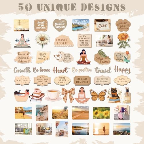 Brown Vision Board Stickers - 50 Pcs Travel Inspirational Planner Supplies Kit for Adults Women Motivational Aesthetic Mental Health Waterproof Decals for Book Scrapbook Journaling Keyboard