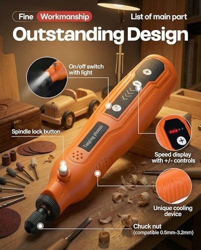 Mini Rotary Tool Kit: 5-Speed & LED – 45-Pc Engraving, Polishing & Sanding Kit for Wood, Metal, Glass, Resin – Ideal for Woodworkers, Hobbyists & DIY Crafters (Orange)