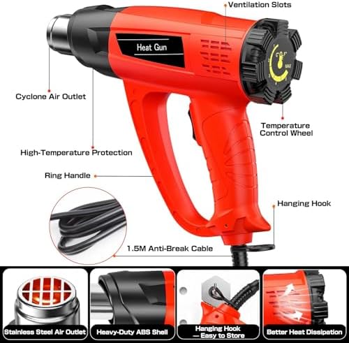 1800W Heat Gun Heavy Duty Fast Heat Hot Air Gun Kit with 752℉&1112℉（400℃-600℃） Dual-Temperature Settings and 5 Nozzles with Overheat Protection for Crafts, Shrinking PVC, Stripping Paint