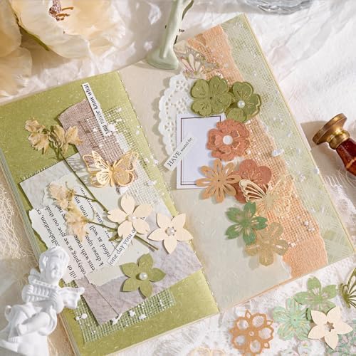 300PCS Vintage Scrapbook Paper Textured Journaling Scrapbooking Supplies Kit Hollow Out Decorative Craft Paper Assorted for Bullet Junk Journals Card Making Craft DIY, Encounter Garden