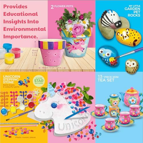 4M Magical Garden Kit for Kids Ages 8-12 – 4-in-1 Craft Set: Paint Flower Pots, Unicorn Stepping Stone with Glow Star, Mosaics & Gemstones, Mini Porcelain Tea Set, Garden Stones, Creative Art Gift