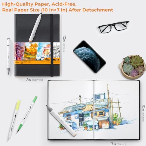 Ohuhu 10"x7" Mix Media Pad Art Sketchbook 78 Sheets for Painting Drawing | Large Sketch Book - 120 LB/200 GSM Heavyweight Paper - Hardcover Mixed Media Sketch Pad for Watercolor Acrylic Christmas Gift