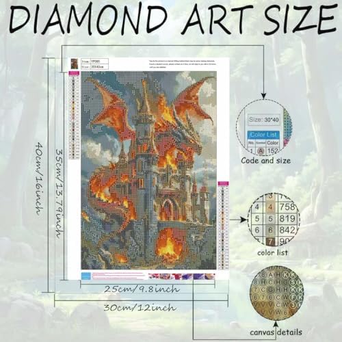 OJTOYART Dragon Castle 5D Diamond Painting Kits for Adults DIY Full RoundDiamond Art Craft Kit Beginners, Medieval Castle with Fire DragonWall Decor 12 X 16 Inch