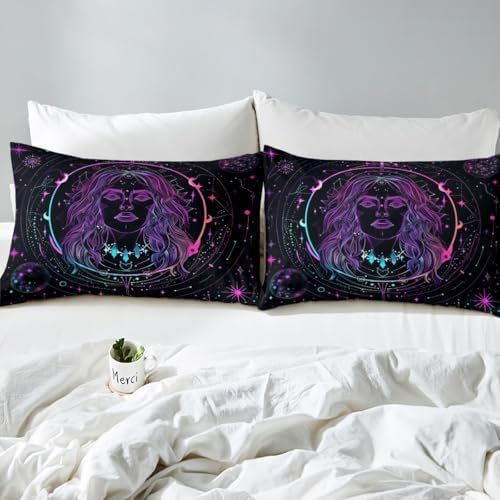 Manfei Boho Style Sheet Set Starry Galaxy Sun Moon Bedding Set Exotic Constellation Bed Sheets Teens Room Decor Black Purple (Twin Flat & Fitted Sheet with 1 Pillow Case)
