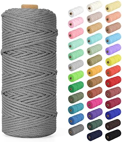 Macrame Cord 3mm x 109Yards (328Feet), Natural Cotton Macrame Rope - 4 Strands Twisted Macrame Cotton Cord for Wall Hanging, Plant Hangers, Crafts, Gift Wrapping and Wedding Decorations, Dark Gray
