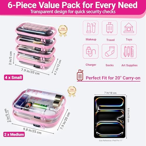 YQBRAO Clear Hard Shell Zipper Cases, 6 Travel Organizers, 2M 4S, Pink